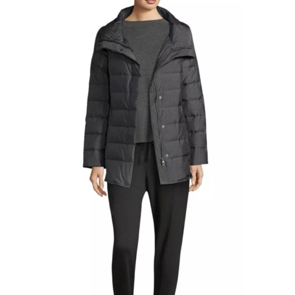 Eileen Fisher Stand Collar Winter Down Jacket Womens L Black Snap Button Puffer - Picture 15 of 16